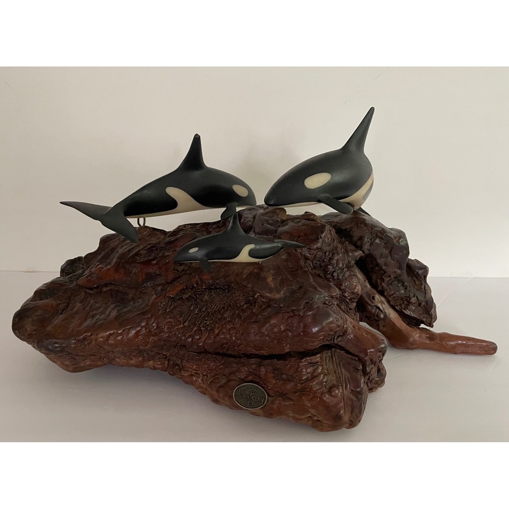 John Perry Studio Large Orca Whale Family Sculpture on Burl Wood Base Coastal